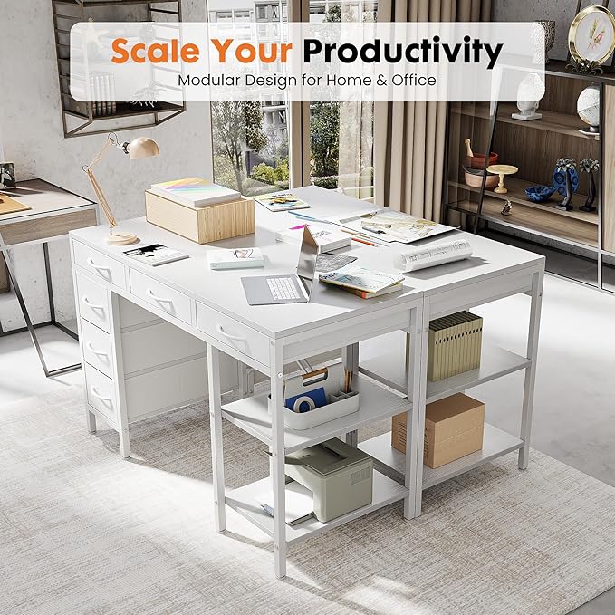 Sweetcrispy 47" Computer Desk with 6 Fabric Drawers & Storage Shelves | Reversible Gaming Desk, Office Desk, Computer Workstation, Corner Desk with Storag, Home Office, Living Room, White - Image 5