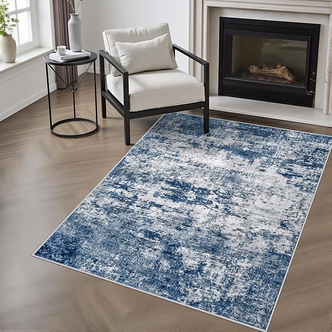 Washable Area Rug 3x5 Entryway Rug: Washable Modern Abstract Soft Thin Rug Indoor Floor No Slip Stain Resistant Carpet for Bedroom Dining Room Farmhouse Nursery Home Office - Blue by FXRHLP