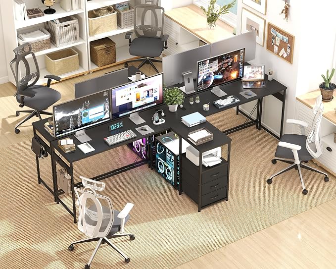 YOSHOOT 2 Person Computer Desk, 87" Long Gaming Desk for 2 People | Double Desk with 3 Fabric Drawers and 2 Power Outlets, Home Office Table for Adults and Teenagers, Black - Image 7