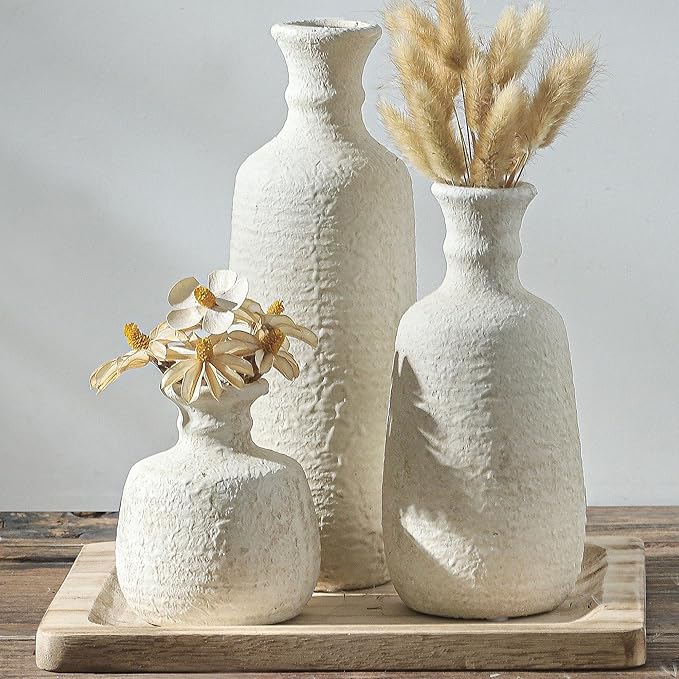 Ceramic Vase Set of 3, Neutral Rustic Vases Home Decor Farmhouse Decorative Vase Whitewashed Pottery Decor Boho Modern for Table Mantel Entryway Bookshelf Living Room Kitchen Bathroom Bedroom - White by ooit