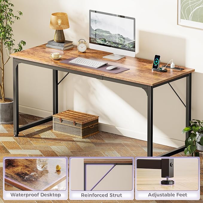 PRAISUN 63 X 24 Inch Computer Desk, Power Outlets, USB-C, Rustic Brown | Office Desk with 4 AC Outlets, USB & USB-C, Sturdy Metal Frame, Spacious Desktop for Work, Writing, Study & Gaming - Image 8