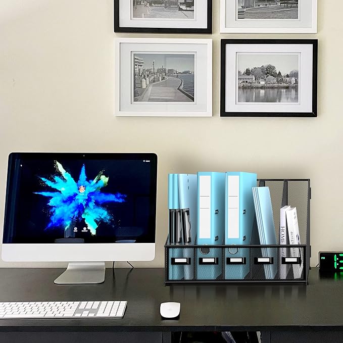 SUPEASY Desk Organizers Metal Desk Magazine File Holder with 16''x12''x12'' 5 Vertical Compartments Rack File Organizer for Office Desktop, Classroom, Home Workspace, Black Plus - Image 2