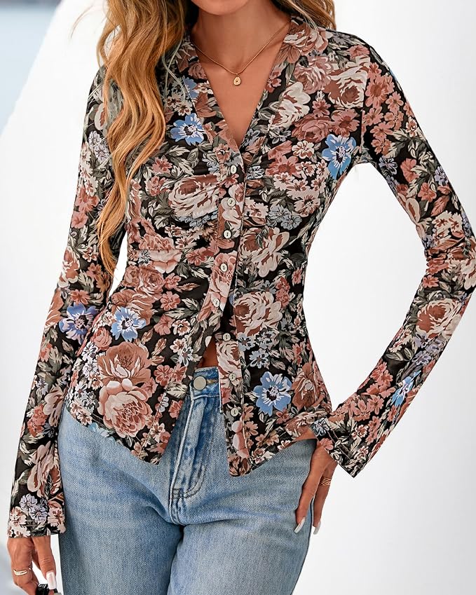 BTFBM Button Down Shirts for Women 2026 Fall Boho Tops V Neck Long Sleeve Blouses Ruched Mesh Fitted Fashion Clothing - Image 2