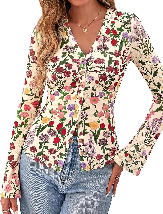 BTFBM Button Down Shirts for Women 2026 Fall Boho Tops V Neck Long Sleeve Blouses Ruched Mesh Fitted Fashion Clothing - Image 2