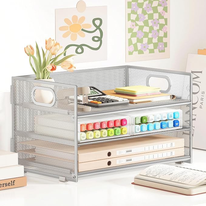 Subekyu 3 Tier Paper Desk Organizer with Handle and 1 PC Slideable Letter Tray, A4 Paper File Folder Sorter Metal Mesh Organizer for Home Office School Desk Supplies Organization Storage, Silver - Image 4