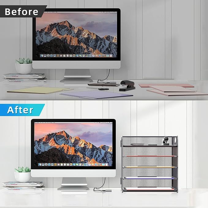Supeasy 5 Trays Paper Organizer Letter Tray with Handle-Mesh Desk File Organizer, Grey Paper Sorter Desk Organizer for Office, Home or School - Image 5