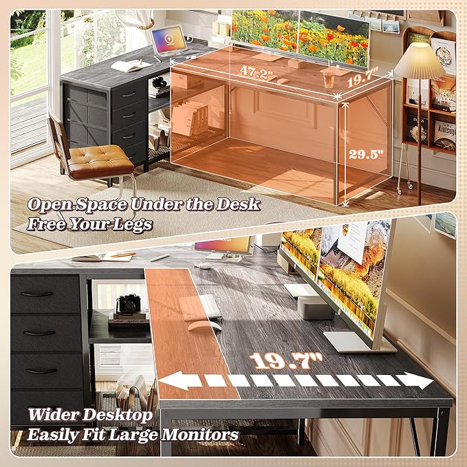 PRAISUN 61" L Shaped Desk with Power Outlets & USB-C Port, Reversible Computer Corner Office Desk with 4 Fabric Drawers and 2 Storage Shelves, Large Desk for Gaming Writing Study, Grey - Image 6