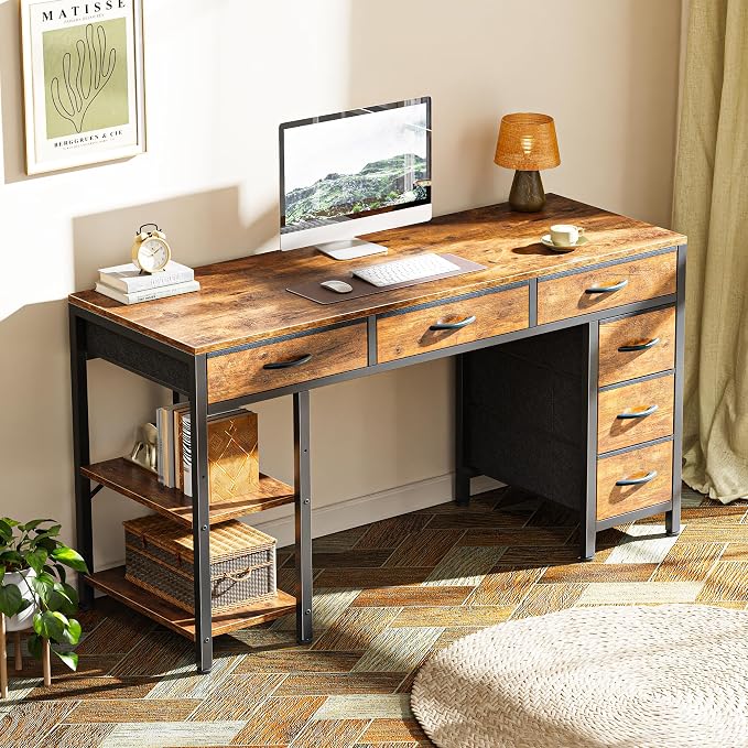 Huuger Computer Desk with 6 Drawers, Office Desk with Shelves, Reversible Gaming Desk, Corner Desk with Storage, Work for Home Office, Study, Living Room, 47inch, Rustic Brown - Image 8