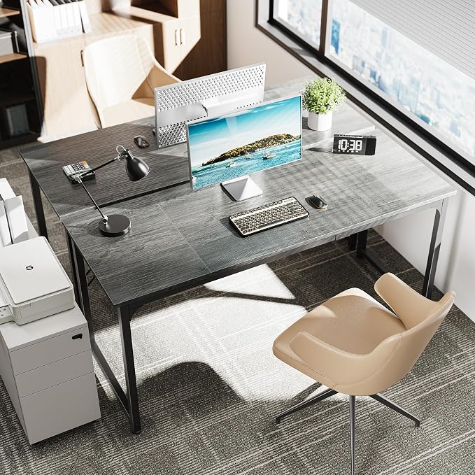 Huuger Computer Gaming Desk, 63 Inch Office Desk with Storage, Writing Work Surface for Home Office, Study, Modern Simple Style, Large Legroom, Metal Frame, Grey - Image 2