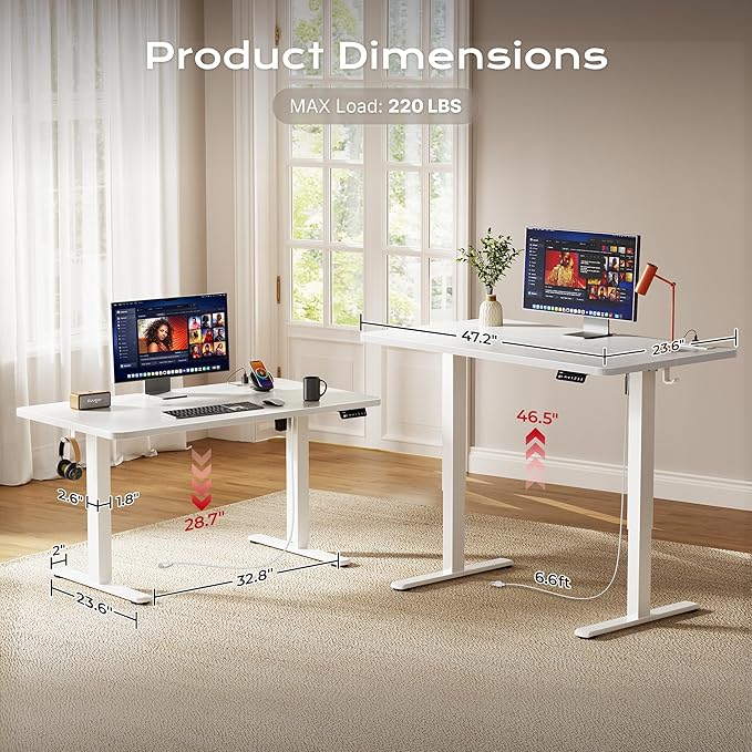 Huuger Electric Standing Desk with Power Outlets and USB-C Port, 47 X 24 Inch Height Adjustable Desk, Sit Stand Desk for Home Office, Computer & Gaming Desk with 4 Presets, Stable Steel Frame, White - Image 5