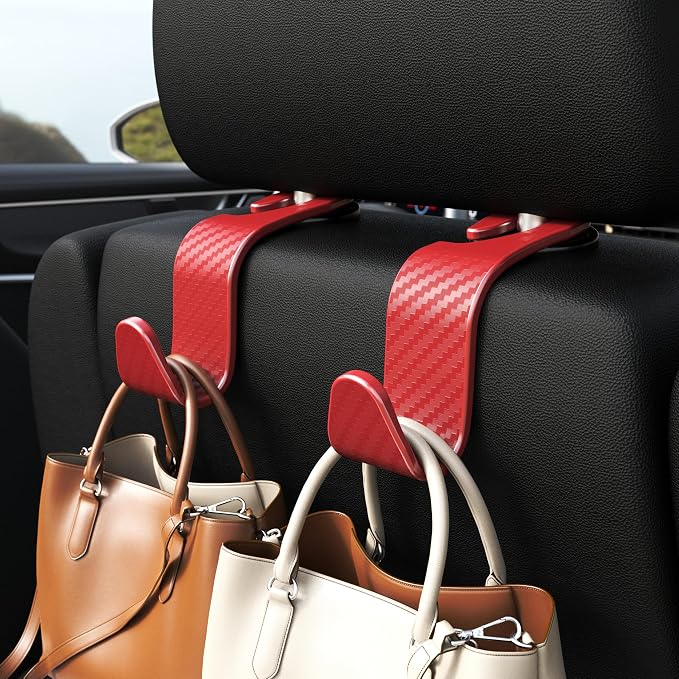 Amooca Car Seat Headrest Hook 4 Pack Hanger Universal Vehicle Car Storage Organizer for Handbag Purse Coat S Type Checkered Red - Image 2