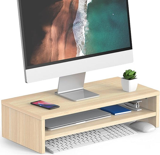 FITUEYES Monitor Stand - 2 Tier Computer Monitor Riser with 21.3 Inch Shelf, Wood Desktop Stand for Laptop Computer Screen, Desk Organization, Office Supplies by FITUEYES