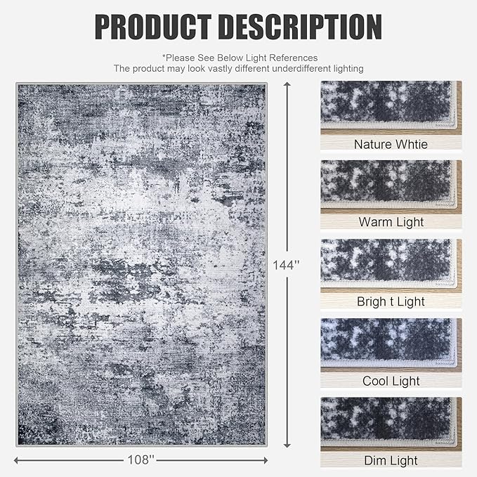 9x12 Area Rug Living Room Rug: Washable Modern Abstract Soft Thin Rug Indoor Floor No Slip Stain Resistant Carpet for Bedroom Dining Room Farmhouse Nursery Home Office - Grey - Image 2