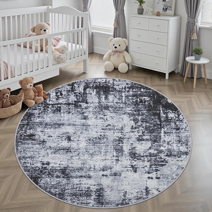 Round Area Rug for Living Room: 8 ft Washable Modern Abstract Soft Thin Rug Indoor Floor No Slip Stain Resistant Carpet for Bedroom Dining Room Farmhouse Nursery Home Office - Dark Black - Image 4