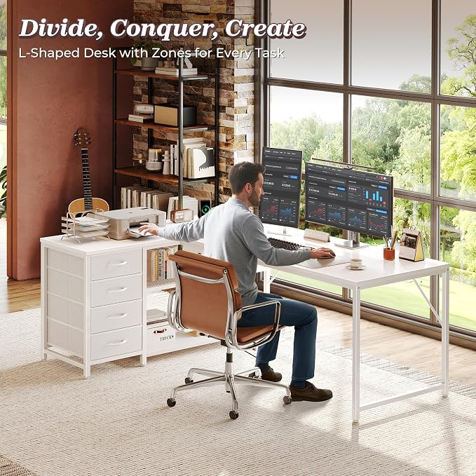 PRAISUN 61" L Shaped Desk with Power Outlets & USB-C Port, Reversible Computer Corner Office Desk with 4 Fabric Drawers and 2 Storage Shelves, Large Desk for Gaming Writing Study, White - Image 2