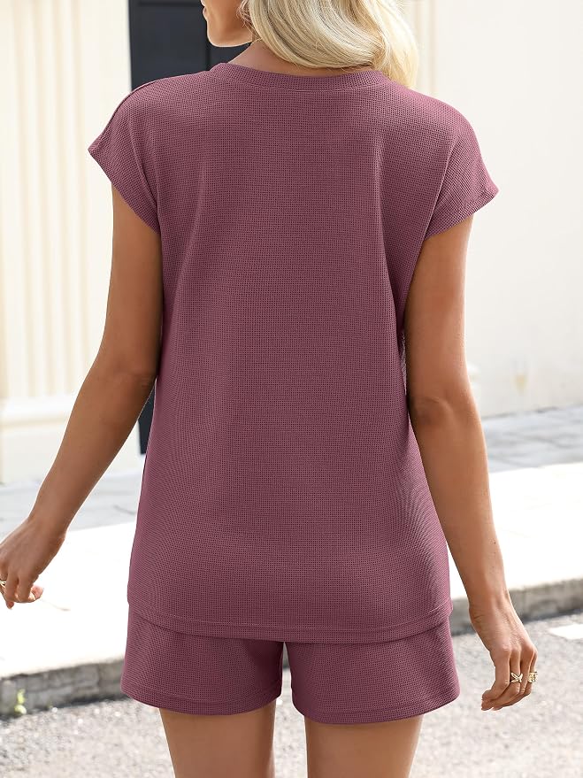 ANRABESS Womens Waffle Knit 2 Piece Short Sets Cap Sleeve Summer 2026 Matching Lounge Outfits Travel Beach Vacation Sweatsuit - Image 4