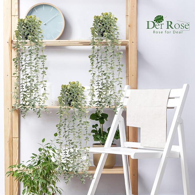 Der Rose 3Pcs Fake Plants Hanging Artificial Decor Faux Potted Eucalyptus Plants for Boho Bathroom Home Office Desk Wall Shelf Bookcase Accessories Decor Indoor - Image 5