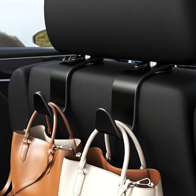 Amooca 4-Pack Car Headrest Hooks –Holds 55lbs Vehicle Storage Organizer for Purses Handbags Groceries Backpack Coats 360° Rotating Black - Image 2