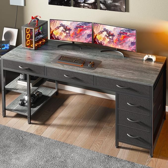 Huuger Computer Desk with 6 Drawers, Office Desk with Shelves, Reversible Gaming Desk, Corner Desk with Storage, Work for Home Office, Study, Living Room, 63inch, Grey - Image 4