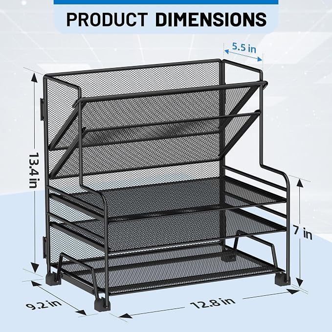 Desk File Organizer, 3-Tier Letter Tray Paper Organizer and 2-Pocket Metal Hanging Basket for Office School Classroom Organization - Image 2
