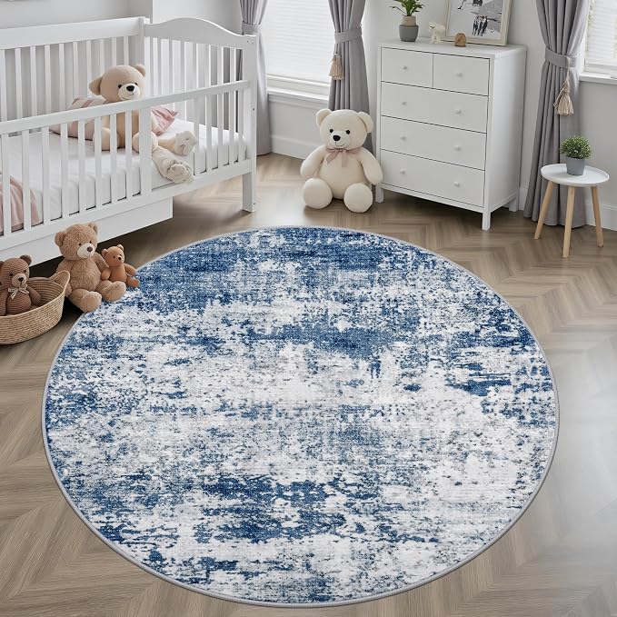 Round Area Rug for Living Room: 4 ft Washable Modern Abstract Soft Thin Rug Indoor Floor No Slip Stain Resistant Carpet for Bedroom Dining Room Farmhouse Nursery Home Office - Blue - Image 3