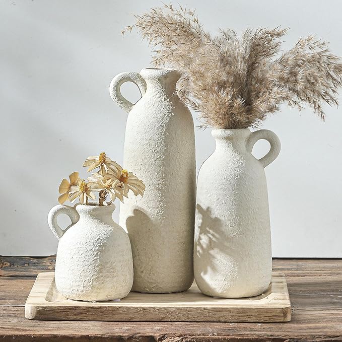 Ceramic Vase Set of 3 with Handle, Neutral Rustic Vases Home Decor Farmhouse Decorative Vase Whitewashed Pottery Decor Modern for Table Mantel Entryway Bookshelf Living Room Kitchen Bedroom - White by ooit
