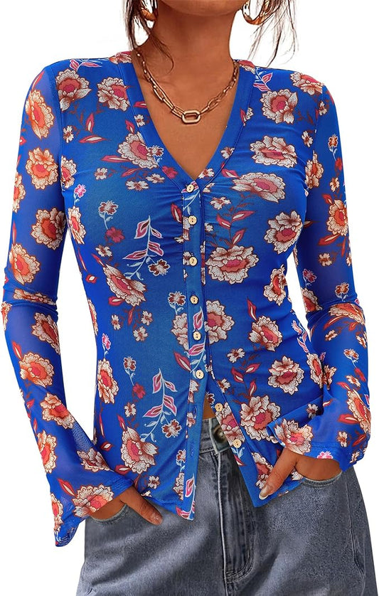BTFBM Button Down Shirts for Women 2026 Fall Boho Tops V Neck Long Sleeve Blouses Ruched Mesh Fitted Fashion Clothing by BTFBM