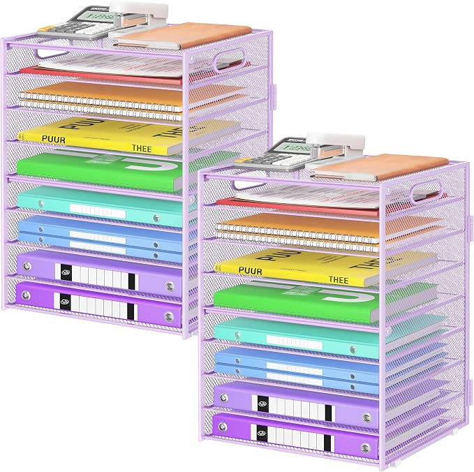 Cawukege 9 Tier Paper Organizer with Handle, 2 Pack Large Capacity Desk Organizer Mesh Paper Letter Tray File Folder Document Sorter for Classroom and Office Accessories Organization- Purple by Cawukege