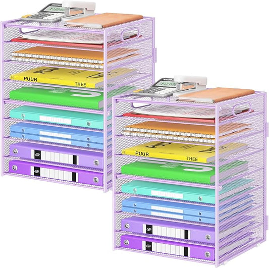 Cawukege 9 Tier Paper Organizer with Handle, 2 Pack Large Capacity Desk Organizer Mesh Paper Letter Tray File Folder Document Sorter for Classroom and Office Accessories Organization- Purple by Cawukege