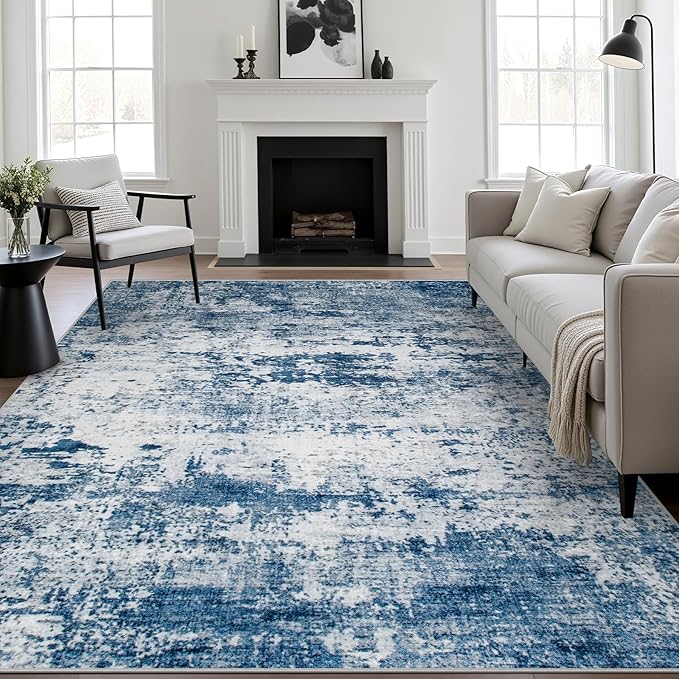 4x6 Area Rug Living Room Rug: Washable Modern Abstract Soft Thin Rug Indoor Floor No Slip Stain Resistant Carpet for Bedroom Dining Room Farmhouse Nursery Home Office - Blue - Image 2