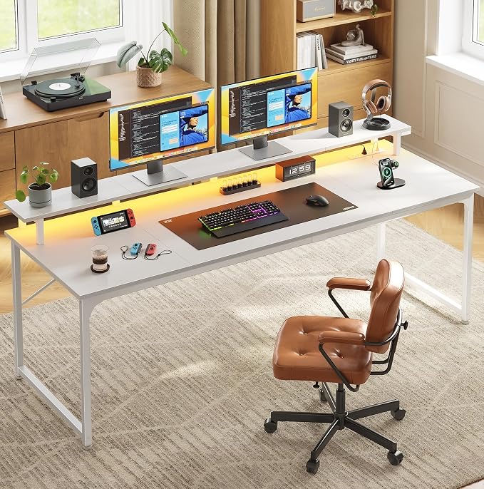 PRAISUN 63 inch Gaming Desk, LED & Power Outlets, Monitor Stand, White | Sturdy PC Desk for Home Office, Study & Work, LED Lights, 4 AC Outlets & USB-C Charging Station - Image 2