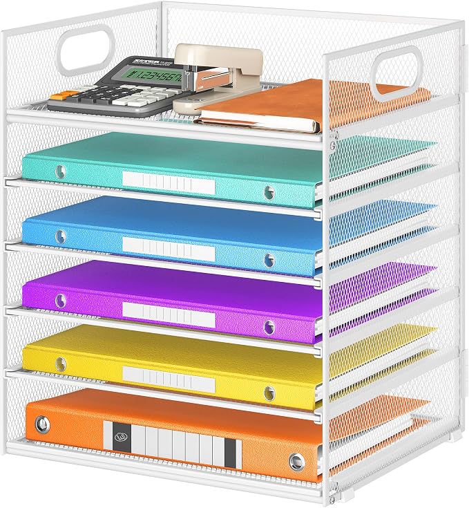 6 Tray Paper Organizer Letter Tray with Handle - Mesh Desk File Organizer, Paper Sorter Organizer for Office, Home or School File Folder Holder - White by Lavatino