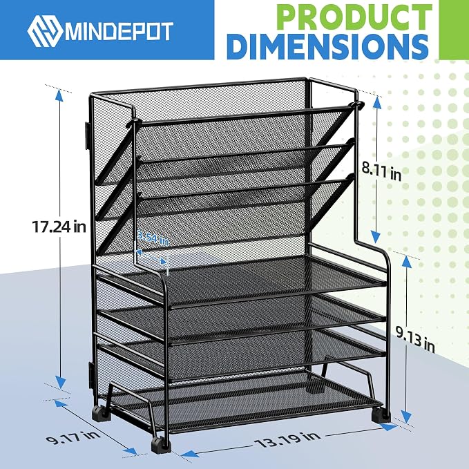 MINDEPOT 4-Tier Paper Organizer + 3-Pocket File Holder + Drawer + Pen Holders, Desktop File Organizers Paper Tray for Office Supplies School Classroom Organization (Black, No Drawer & Pen Holder) - Image 2
