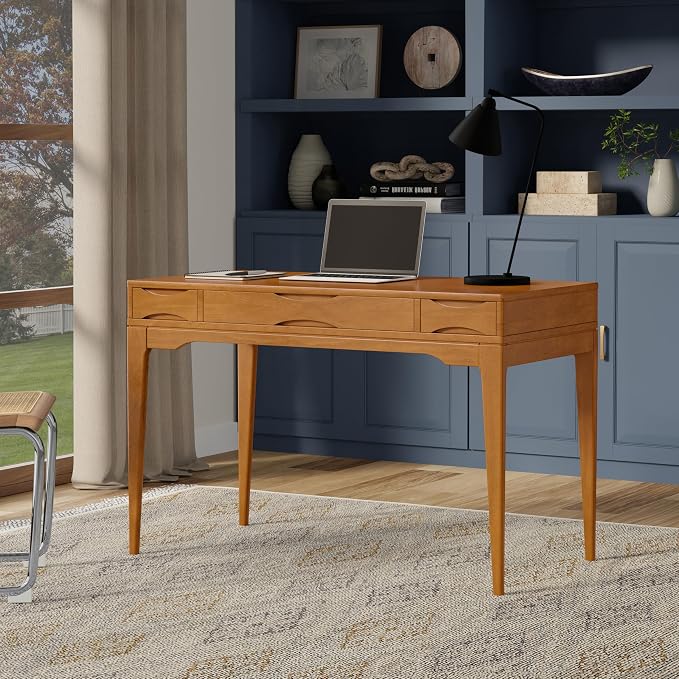 SIMPLIHOME Harper Small Desk - 48 inch Wide Solid Hardwood Writing Desk in Honey Brown, Mid-Century Modern Home Office Table for Study or Work with 2 Drawers and Flip-Down Keyboard Tray - Image 2