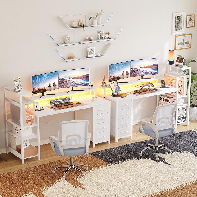 59 Inch Gaming Desk with Drawers & PC Tower Stand & LED Lights, White | Reversible, Monitor Shelf, Power Outlets, Carbon Fiber, Mesa Gamer, Computer Desk with Storage, Gaming Table for Home Office - Image 4