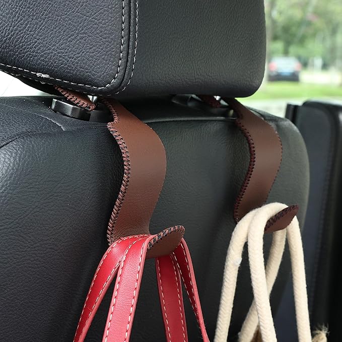 Amooca Car Seat Headrest Hook 4 Pack Metal Core Hanger Universal Car Storage Organizer for Handbag Purse Coat S Type Leather Brown - Image 2