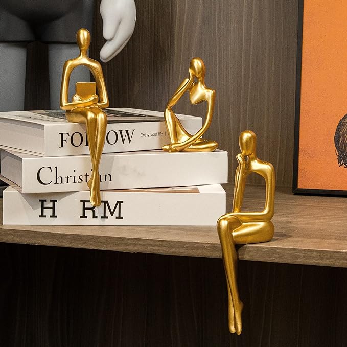Prettidecor Gold Decor Reading Thinker Resin Statues Set of 3 | Office Coffee Shelf Table Desk Decor Abstract Decoration for Living Room Bedroom Collectable Figurines - Image 3