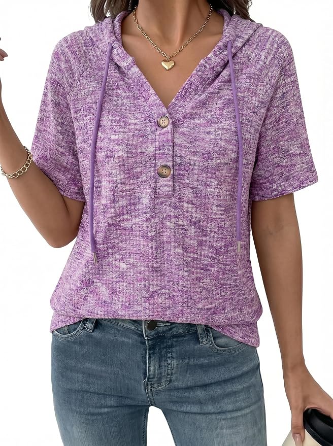 Dokotoo Womens Summer Tops 2026 Short Sleeve Button V Neck Waffle Knit Lightweight Drawstring Hoodies Casual Blouses Shirts by Dokotoo