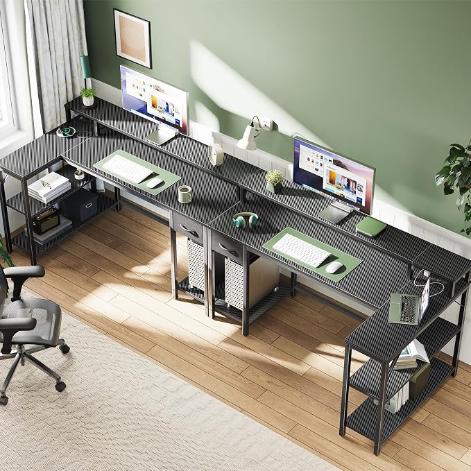 SUPERJARE 53 inch Reversible L Shaped Desk with LED Lights & Power Outlets, Computer Desk with Shelves & Monitor Stand, Gaming Desk with Drawer, Home Office Desk, Carbon Fiber Black - Image 6