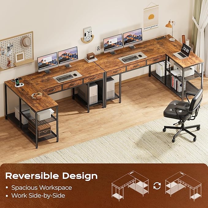PRAISUN 55 Inch L Shaped Office Desk with Power Outlets and Type-C Port, Large Computer Gaming Desk with 3 Fabric Drawers, Mesh Shelves, Corner Study Work Writing Desk, Rustic Brown - Image 4