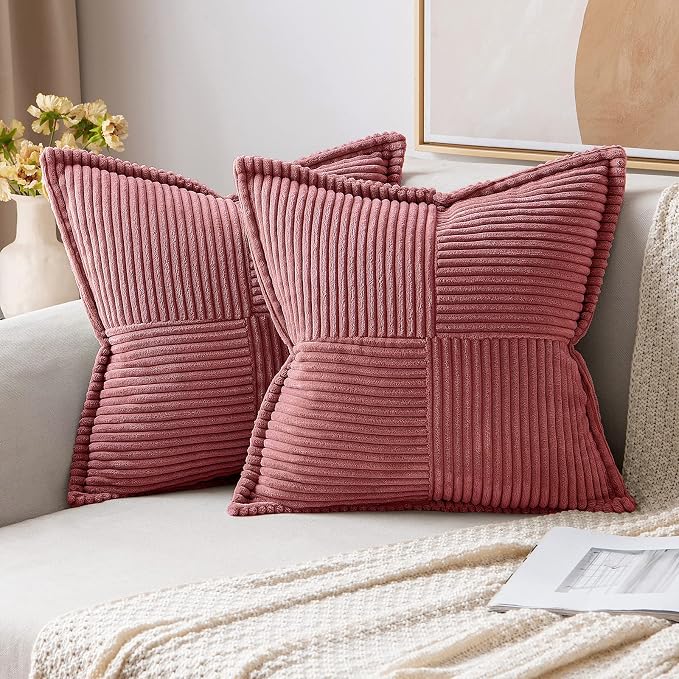 MIULEE Decorative Throw Pillow Covers for Couch Bed Livingroom 18x18 Inch Set of 2 Cranberry Red Boho Accent Throw Pllows Broadside Striped Patchwork Soft Corduroy Pillowcases by MIULEE