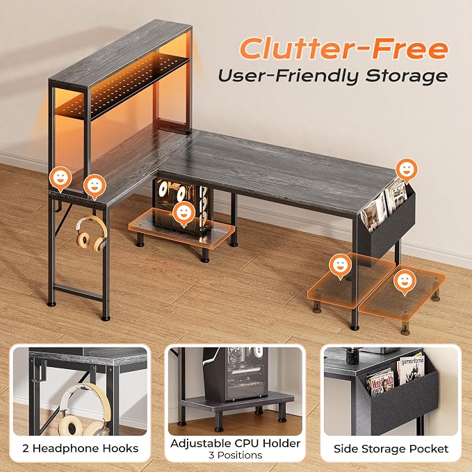 PRAISUN L Shaped Gaming Desk with LED Lights & Power Outlets, Reversible Computer Desk with Storage Shelves & Bag, Large Corner Home Office Desk with Pegboard for Work from Home, Grey - Image 9