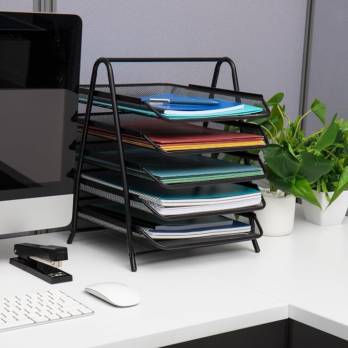 Mind Reader 5-Tier Paper Tray Organizer, Vertical Desktop File Storage Rack, Office, Metal Mesh, Black (Pack of 6) - Image 2