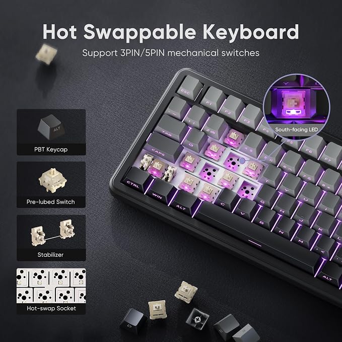RedThunder K75 Wireless Mechanical Gaming Keyboard, 75% Hot Swappable Creamy Keyboard with Knob, RGB Backlit, Pre-lubed Linear Switches, Side Engraved PBT Keycaps, Wireless/Wired/BT5.0, Gradient Gray - Image 6