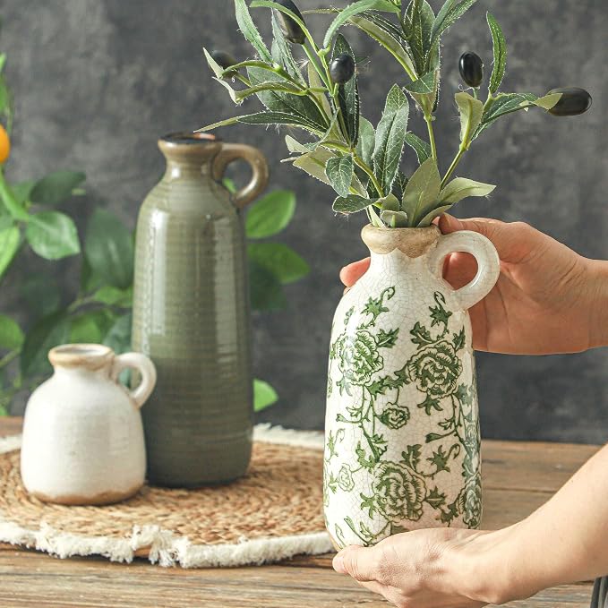 Vintage Vase Set of 3 with Handle, Ceramic Vintage Rustic Vases Home Decor Farmhouse Decorative Vase Pottery Decor Modern for Table Mantel Entryway Bookshelf Living Room Kitchen Bedroom - Green - Image 4