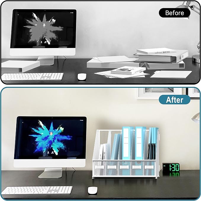 SUPEASY Desk Organizers Metal Desk Magazine File Holder with 5 Vertical Compartments Rack File Organizer for Office Desktop, Classroom, Home Workspace, White Plus - Image 6