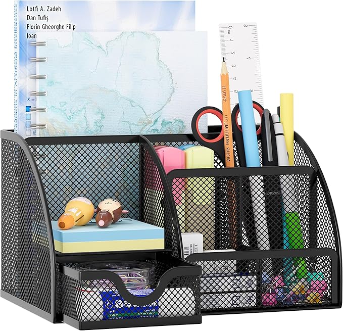 EasyPAG Mesh Desk Organizer with Drawer Multi-functional Pen Holder Stationery Organizer for Office School Supplies 6 Compartments Dorm Organizers and Storage for Desk, Black by EasyPAG