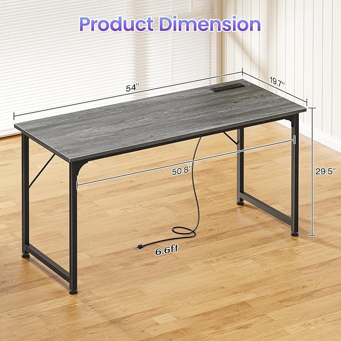 PRAISUN 55 X 20 Inch Computer Desk, Power Outlets, USB-C, Grey | Office Desk with 4 AC Outlets, USB & USB-C, Sturdy Metal Frame, Spacious Desktop for Work, Writing, Study & Gaming - Image 3