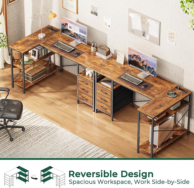 Huuger L Shaped Office Desk with Power Outlets, 47 Inch Computer Desk with 3 Drawers, Shelves, for Gaming, Corner Work, Home Office, Study, Rustic Brown - Image 4
