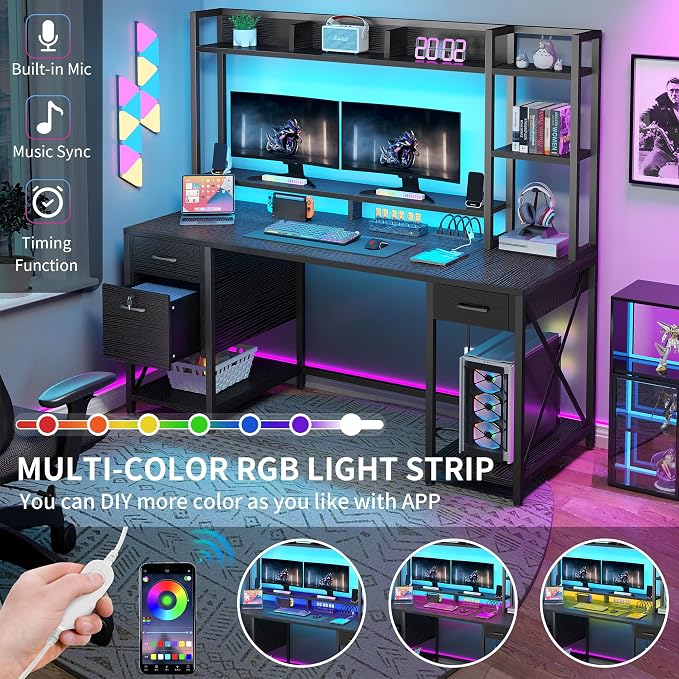 DWVO Computer Desk with Drawers & Hutch, 59.1" Office Desk with Power Outlets & LED Lights, Home Office Desk with Storage Shelves, Black - Image 4